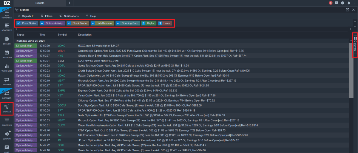 Benzinga Pro trading signals