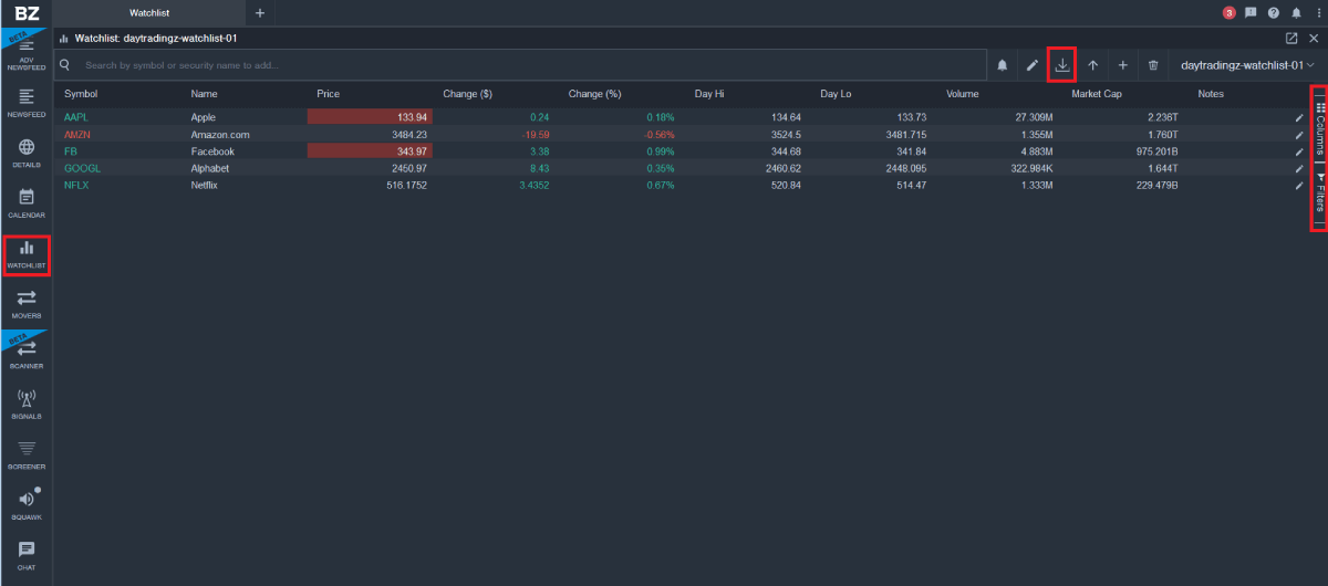 Benzinga Pro watchlist